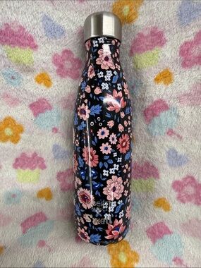 S'well Black Floral Stainless Steel Water Bottle with Pink & Blue Flowers